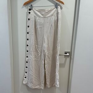 Anthropologie Cream Wide-Leg Pinstripe Button-Trim Pants